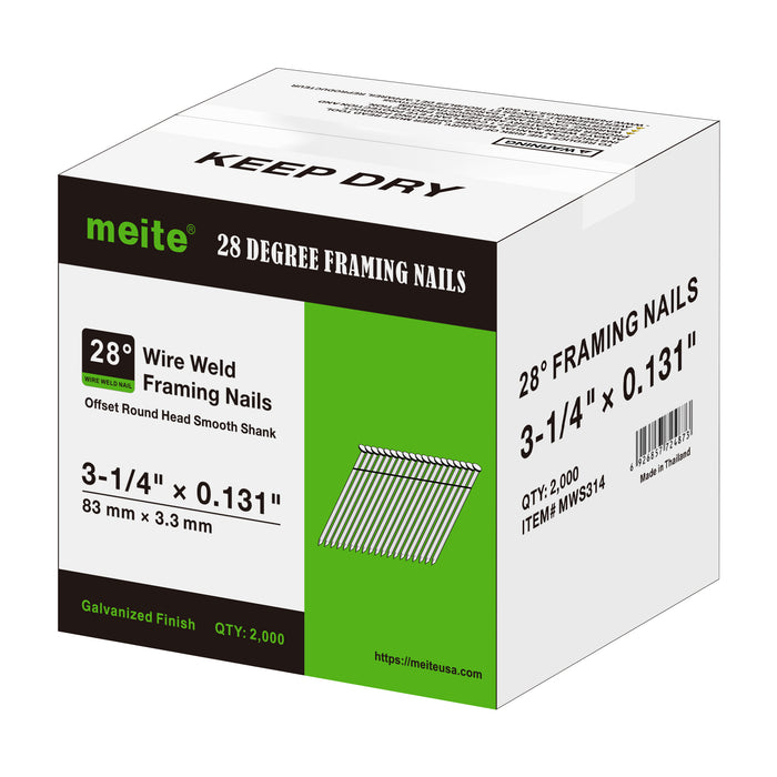 Meite USA 28-degree 3 1/4 inch length smooth shank framing nails box displayed on a white background
