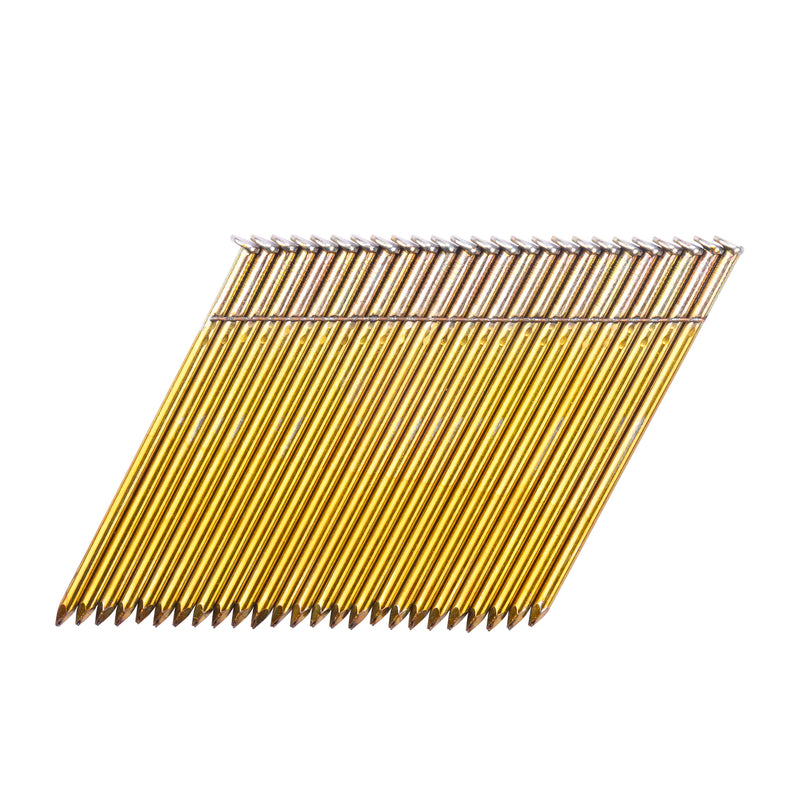 Meite USA 28-degree offset round head 3 1/4 inch length smooth shank framing nails displayed in a single angled strip on a white background