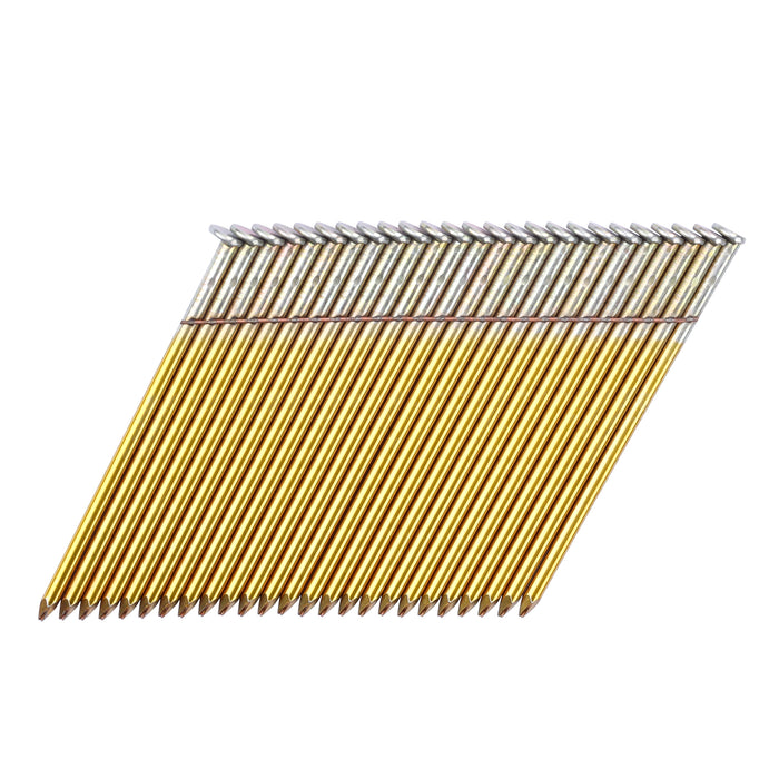 Meite USA 28-degree offset round head 3 inch length smooth shank framing nails displayed in a single angled strip on a white background