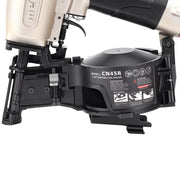 Close-up of the magazine of meite USA CN45R Pneumatic Coil Roofing Nailer loading in white background