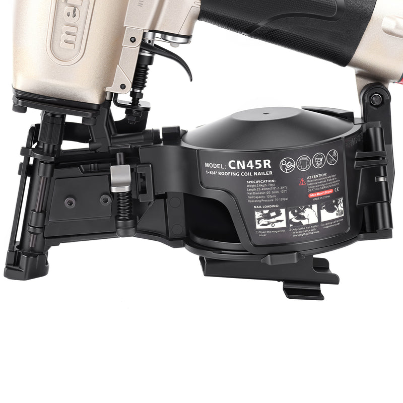 Close-up of the magazine of meite USA CN45R Pneumatic Coil Roofing Nailer loading in white background