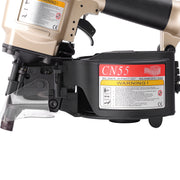 Close-up of the magazine of meite USA CN55 2-1/4'' Pneumatic Coil Siding Nailer loading in white background