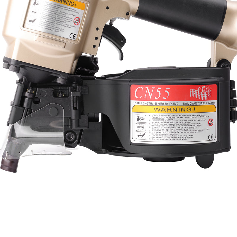 Close-up of the magazine of meite USA CN55 2-1/4'' Pneumatic Coil Siding Nailer loading in white background