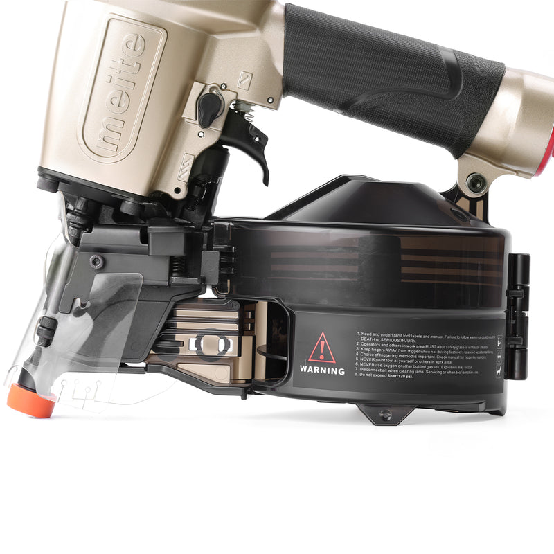 Close-up of the magazine of meite USA CN65S2-1/2'' Pneumatic Coil Siding Nailer loading in white background