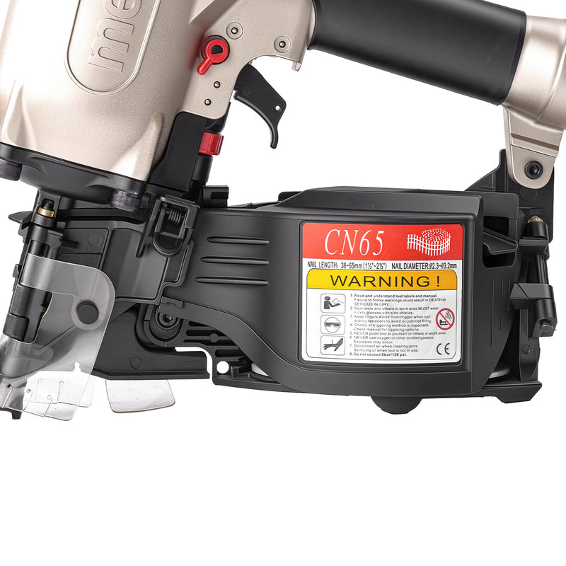 Close-up of the magazine of meite USA CN65 2-1/2'' Pneumatic Coil Siding Nailer loading in white background