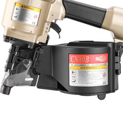 Close-up of the magazine of meite USA CN80B 3-1/4'' Pneumatic Coil Pallet Nailer loading in white background