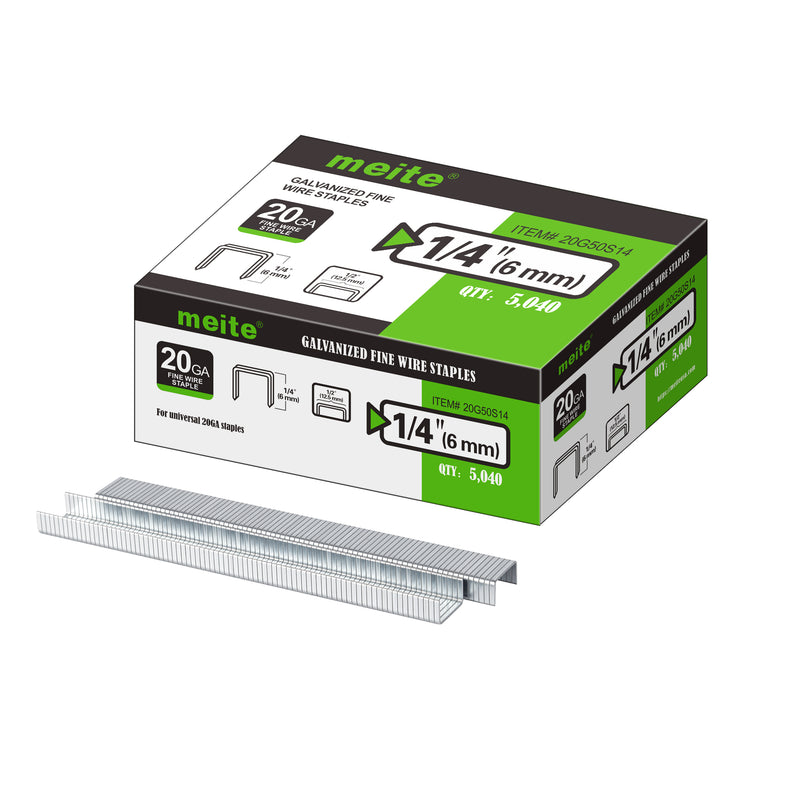 Meite USA 20Ga 1/2 inch crown 1/4'' length upholstery staples box with 5040 pieces displayed on a white background, shown with two rows of galvanized staples in front