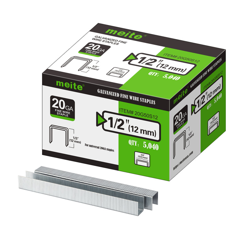 Meite USA 20Ga 1/2 inch crown 1/2'' length upholstery staples box with 5040 pieces displayed on a white background, shown with two rows of galvanized staples in front