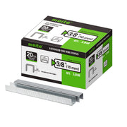 Meite USA 20Ga 1/2 inch crown 3/8'' length upholstery staples box with 5040 pieces displayed on a white background, shown with two rows of galvanized staples in front