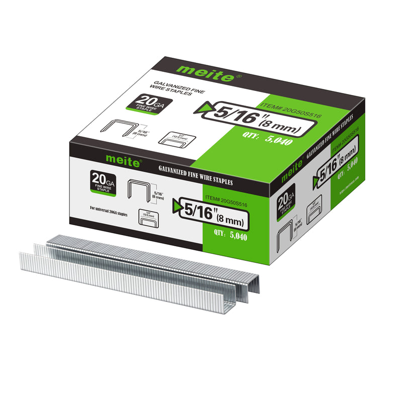 Meite USA 20Ga 1/2 inch crown 5/16'' length upholstery staples box with 5040 pieces displayed on a white background, shown with two rows of galvanized staples in front