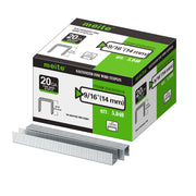 Meite USA 20Ga 1/2 inch crown 9/16'' length upholstery staples box with 5040 pieces displayed on a white background, shown with two rows of galvanized staples in front