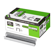 Meite USA 20 Gauge 7/16" Crown upholstery staples box pack on a white background, 1/2'' length with 5000 pieces per box, shown with two strips of staples in front