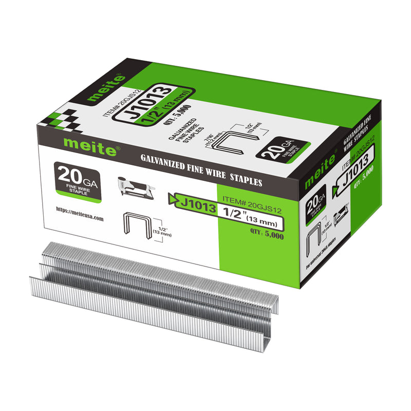 Meite USA 20 Gauge 7/16" Crown upholstery staples box pack on a white background, 1/2'' length with 5000 pieces per box, shown with two strips of staples in front