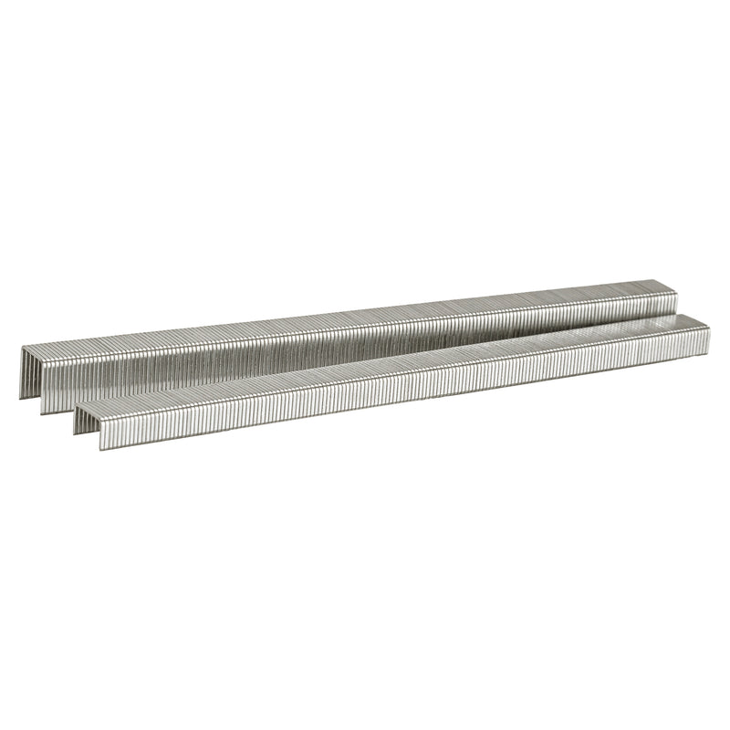 Two strips of Meite USA 22 gauge 3/8" crown 304 stainless steel upholstery staples displayed on a white background