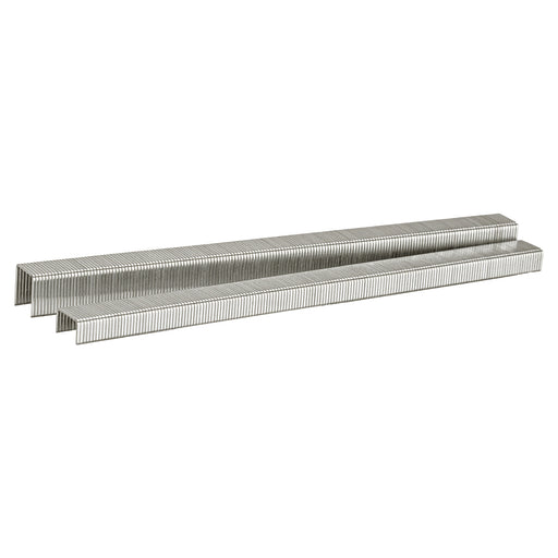 Two strips of Meite USA 22 gauge 3/8" crown 304 stainless steel upholstery staples displayed on a white background