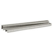 Two strips of Meite USA 22 gauge 3/8" crown 316 stainless steel upholstery staples displayed on a white background