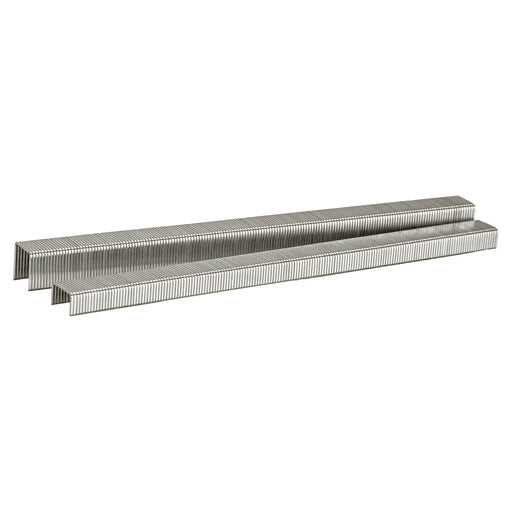 Two strips of Meite USA 22 gauge 3/8" crown 316 stainless steel upholstery staples displayed on a white background