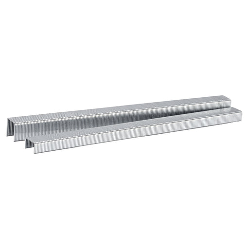 Two strips of Meite USA 22 gauge 3/8" crown galvanized upholstery staples displayed on a white background