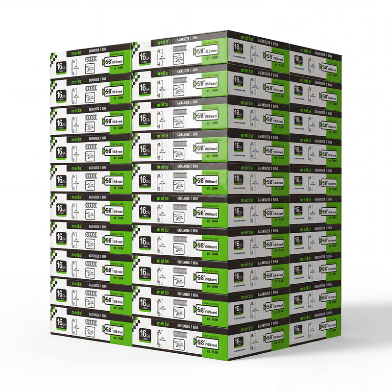 Meite USA 40 boxes of 16 gauge 1/2" crown hog rings at 18000 pieces per box, displayed on a white background