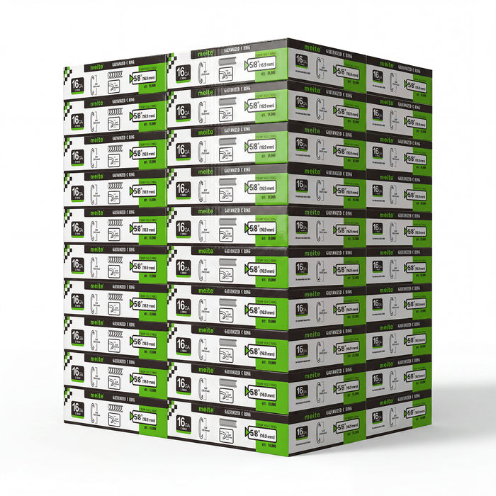 Meite USA 40 boxes of 16 gauge 1/2" crown hog rings at 18000 pieces per box, displayed on a white background