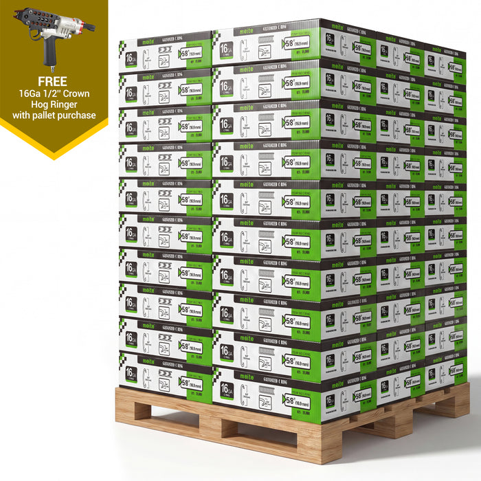 Meite USA 60 boxes of 16 gauge 1/2" crown hog rings at 18000 pieces per box, coming with a compatible hog ringer for free, displayed on a white background