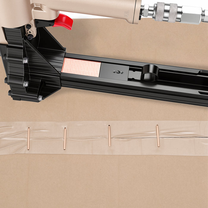 Meite USA ADCS-19 pneumatic carton stapler in use on a cardboard box