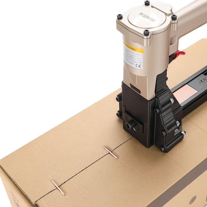 Meite USA ADCS-19 pneumatic carton stapler in use on a cardboard box