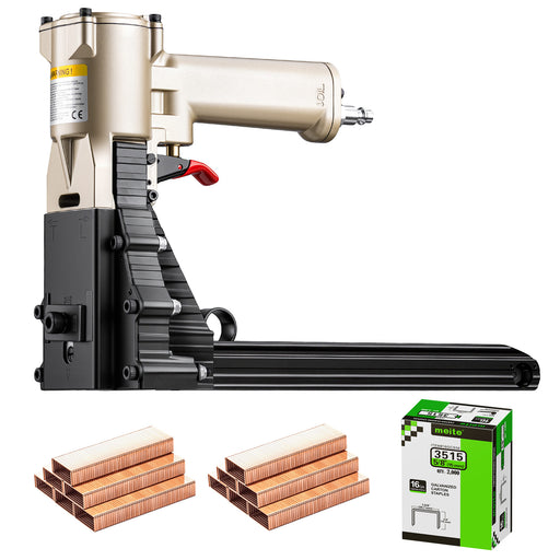 Meite USA ADCS-19 pneumatic closing stapler, shown with included one box of compatible staples and two piles of staples on white background