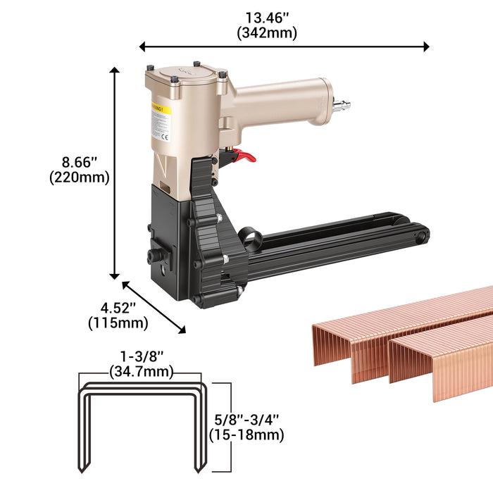 Meite USA ADCS-19 pneumatic closing stapler dimension on a white background, showing tool length, width, height and compatible staple size specifications