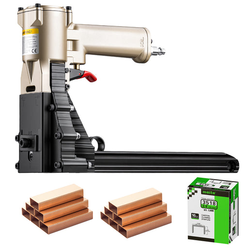 Meite USA ADCS-22 pneumatic closing stapler, shown with included one box of compatible staples and two piles of staples on white background