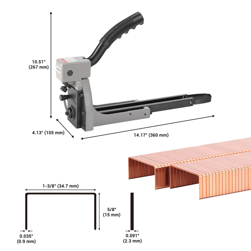 Meite USA HB3515 carton closing stapler dimension on a white background, showing tool length, width, height and compatible staple size specifications