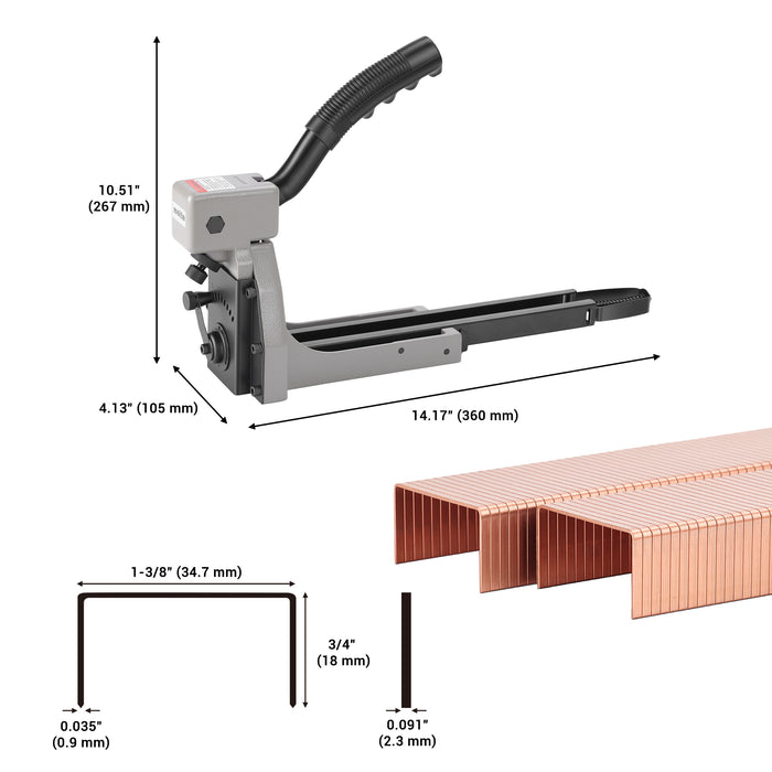 Meite USA HB3518 carton closing stapler dimension on a white background, showing tool length, width, height and compatible staple size specifications