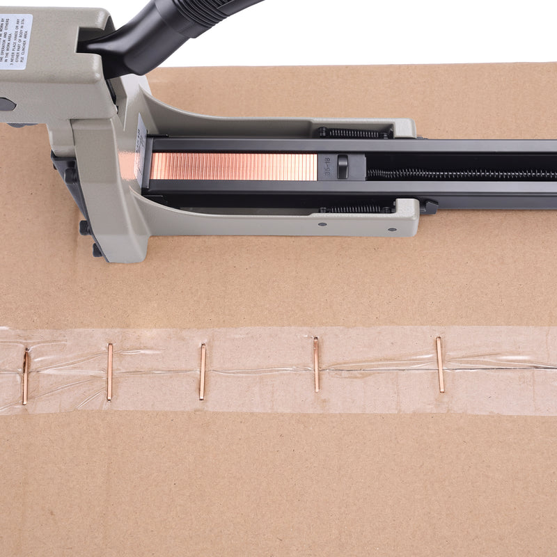 Meite USA HB3518 manual boxing stapler in use on a cardboard box