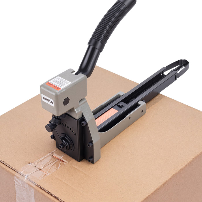 Meite USA HB3518 manual carton stapler in use on a cardboard box