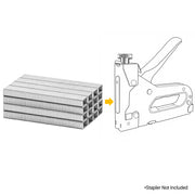 Meite USA JT21 staples stacked in a strip displayed with a compatible stapler line drawing on a white background