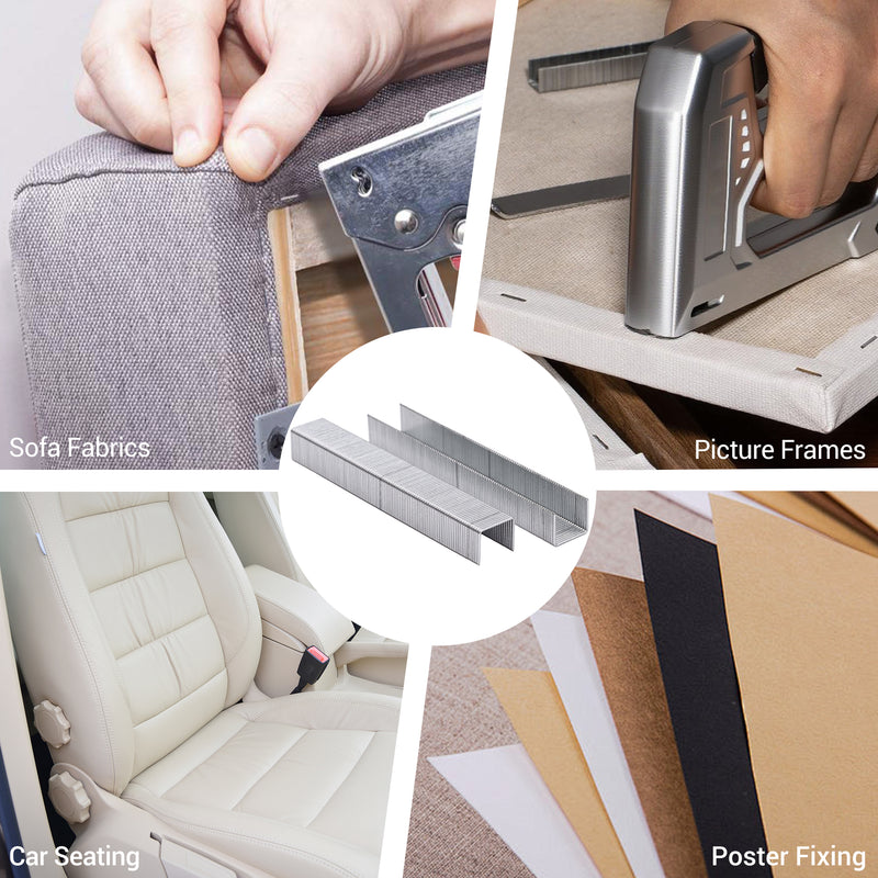 Meite USA JT21 staples applications, such as sofa fabrics, picture frame, car seat repair, and poster fixing on a white background