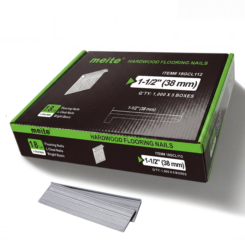 Meite USA 18Ga 1-1/2 inch length L-cleat flooring nails, 5 boxes in one case, 5,000 PCS in total, in white background