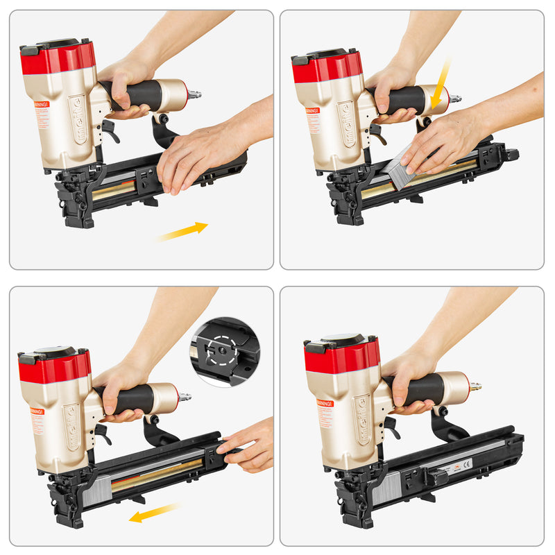 Meite USA PW2638-L 16Ga upholstery stapler loading steps, showing how to pull out the magazine and insert staples for quick reloading