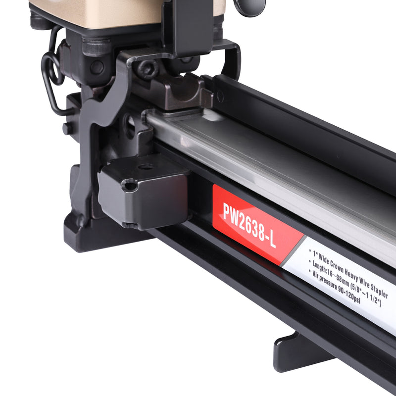 Meite USA PW2638-L 16Ga upholstery stapler magazine close-up on a white background, showing the pull-out loading mechanism for quick staple reloading