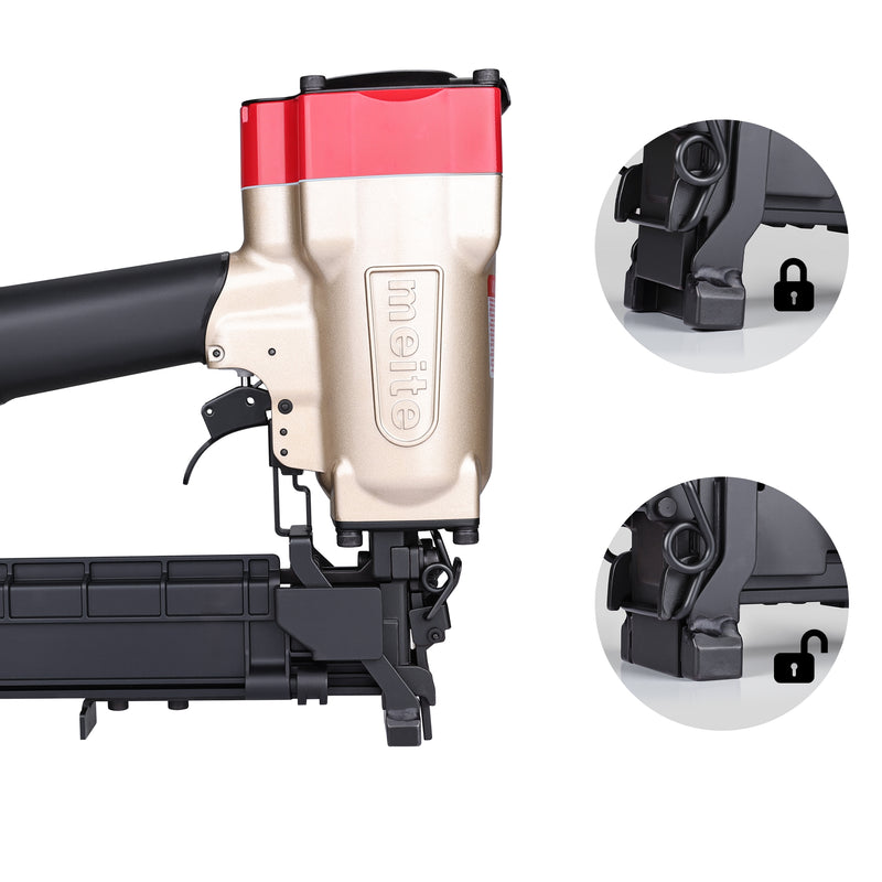 Meite USA PW2638-L 16Ga upholstery stapler nose close-up on a white background, showing the safety lock in both open and closed positions