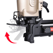 Meite USA PW2638-L 16ga upholstery stapler nose close-up with openable front plate on a white background, showing quick jam clearing access for removing stuck staples