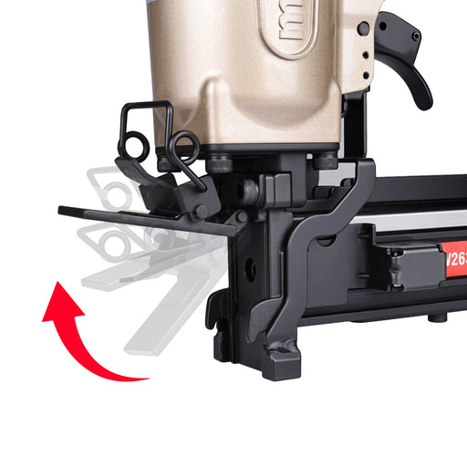 Meite USA PW2638-L 16ga upholstery stapler nose close-up with openable front plate on a white background, showing quick jam clearing access for removing stuck staples