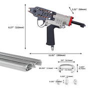 Meite USA SC760C 16-gauge pneumatic hog ring tool image showing length, width and height and supported hog ring sizes for upholstery and fencing applications