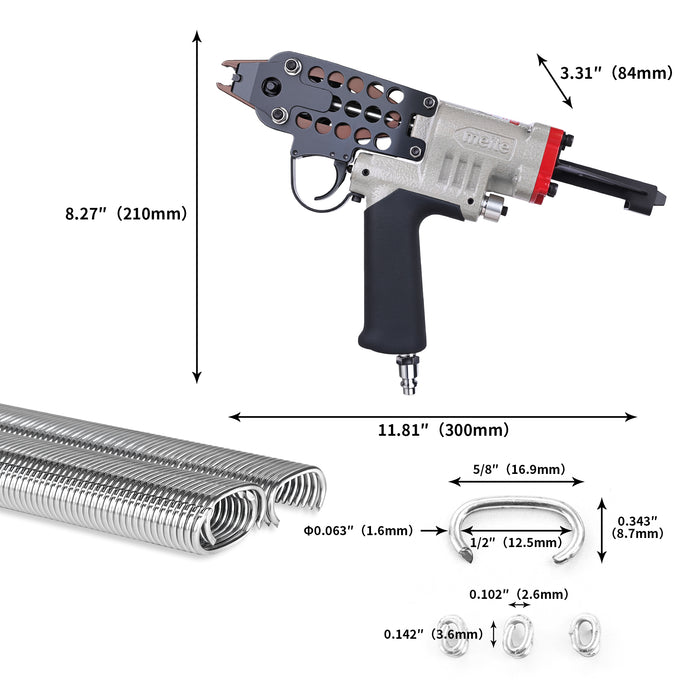 Meite USA SC760C 16-gauge pneumatic hog ring gun image showing length, width and height and supported hog ring sizes for upholstery and fencing applications