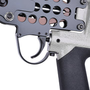 Trigger close-up showing control handle and safety mechanism on the Meite USA SC760C 16-gauge 1/2" crown pneumatic hog ring tool.