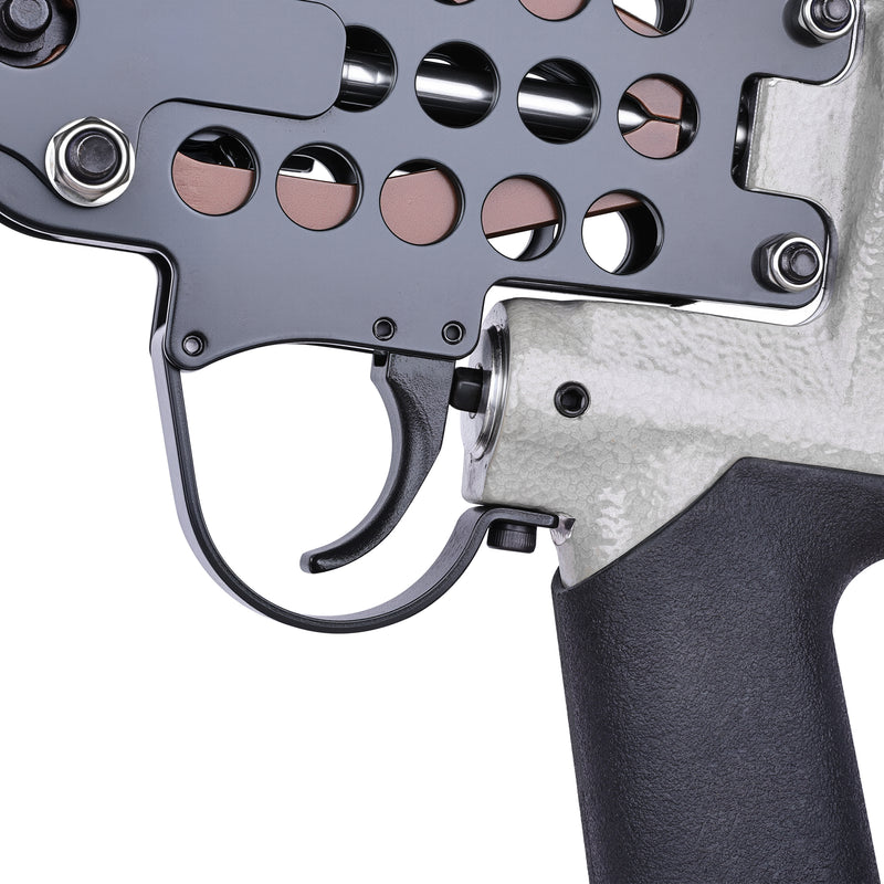 Trigger close-up showing control handle and safety mechanism on the Meite USA SC760C 16-gauge 1/2" crown pneumatic hog ring tool.