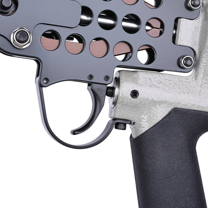 Trigger close-up showing control handle and safety mechanism on the Meite USA SC760C 16-gauge 1/2" crown pneumatic hog ring gun.