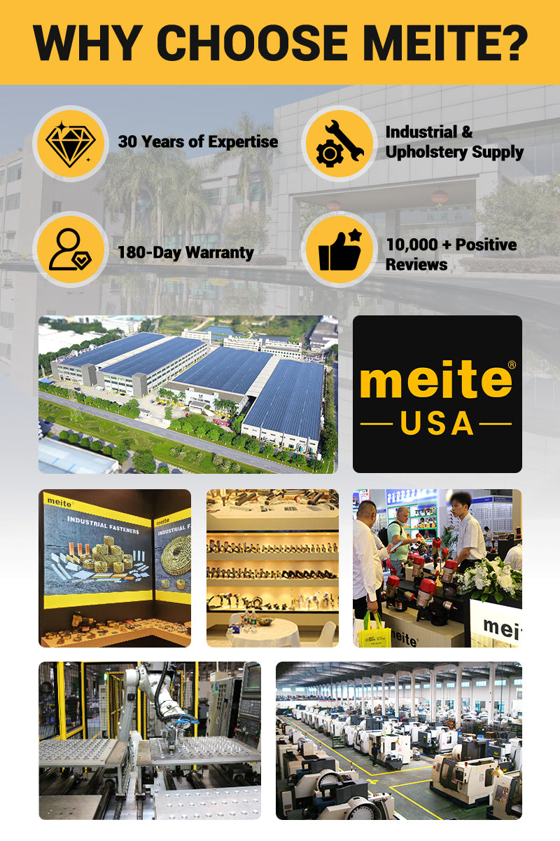 Why choose meite USA infographic showing 30 years of expertise, 180-day warranty, industrial and upholstery supply experience, 10,000+ positive reviews, factory images, automation equipment and Meite brand logo