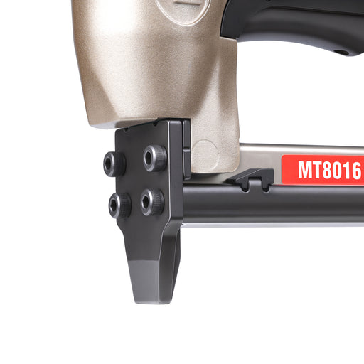Detailed view of meite USA MT8016 21 gauge 1/2'' crown pneumatic upholstery stapler showing metal muzzle and trigger for stapling work.