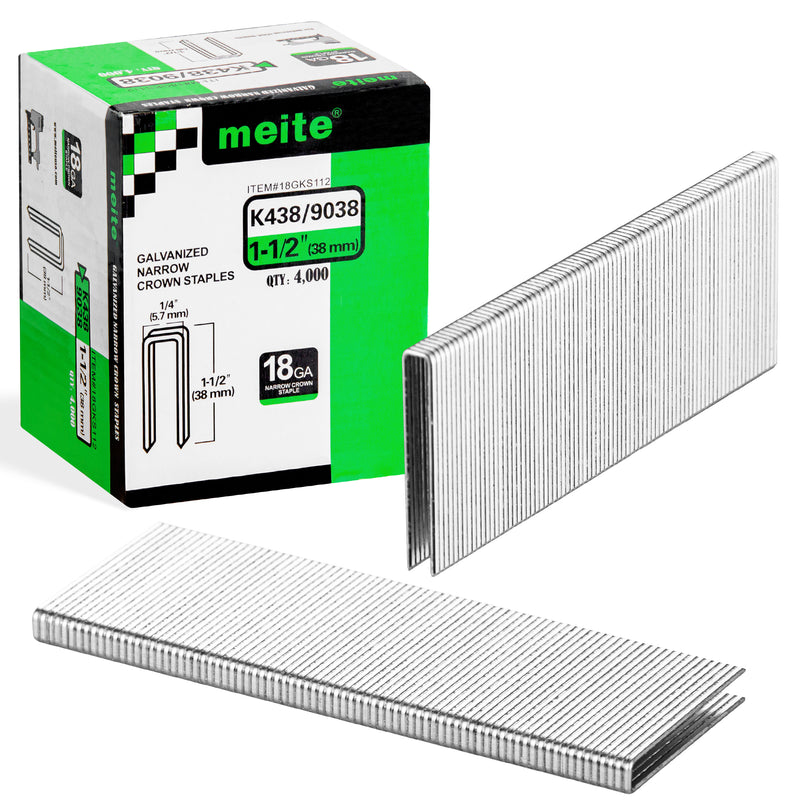 One box of meite USA 18 gauge 1/4" narrow crown 1-1/2'' length staples with 4000 pieces displayed on a white background, shown with two rows of staples in front